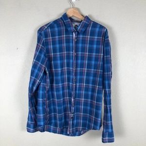 𝅺boss Orange Shirt Blue Purple‎ Plaid Checked Flip Cuff Button Up Size X Large